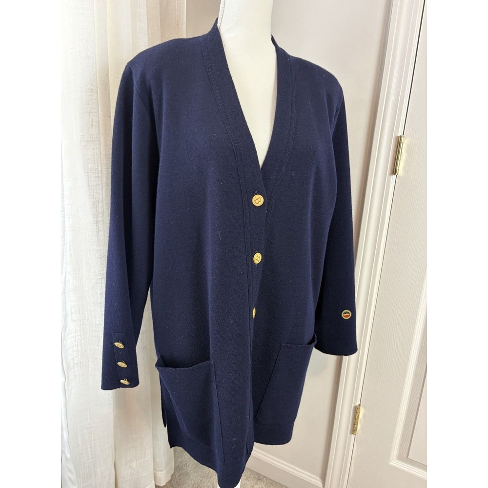 VTG Navy Blue Cardigan Gold Button Down Sweater 100% Wool French Busnel Brand